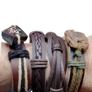 Four brown leather bracelet bands men's unisex tribal biker boho grunge
